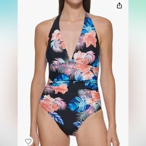 DKNY Women's One Piece Tummy Control Halter Neckline Swimsuit (Tropical, S)